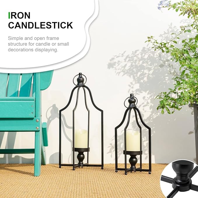 Glitzhome Set of 2 Modern Farmhouse Black Metal Lanterns Decorative Hanging Candle Lanterns for Indoor Outdoor Small&Large (No Glass)