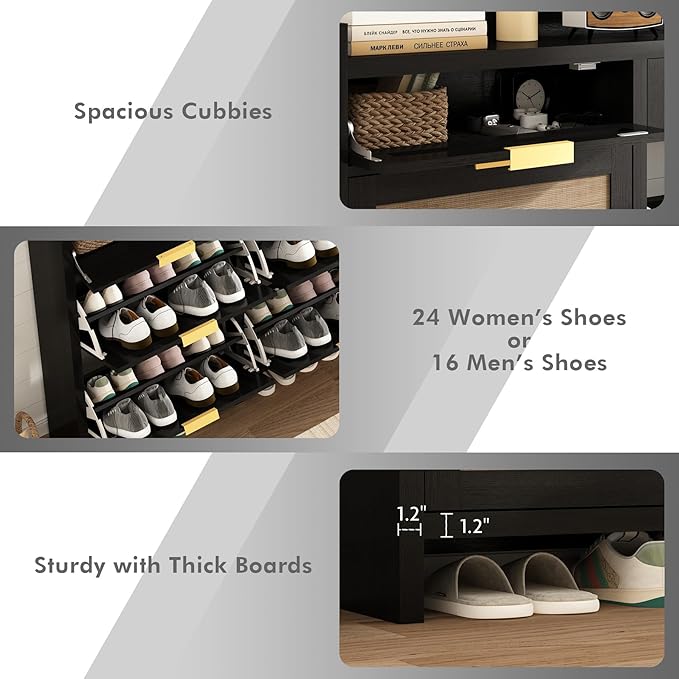 Shoe Organizer Cabinet Storage for Entryway - Slim Rattan Shoe Rack for Front Door Entrance, Narrow Hidden Shoe Cabinet with Flip Drawers, Boho Shoe Holder Cabinet, Black