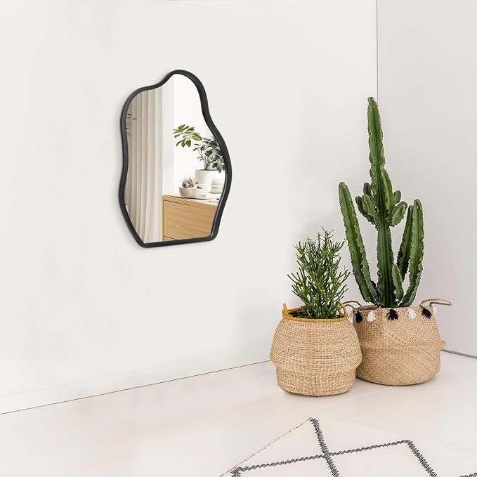 Irregular Asymmetrical Mirror Small Wooden Framed Wall Mirror Modern Cloud Hanging Artistic Mirror Decor for Bathroom Vanity Bedroom Living Room Entryway Hallway 16"x12"