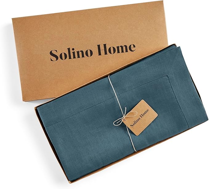 Solino Home Linen Tablecloth for Rectangle Tables 60 x 156 Inch - 100% Pure Linen Peacock Blue Table Cloth - Fete, Machine Washable Cloth Tablecloth