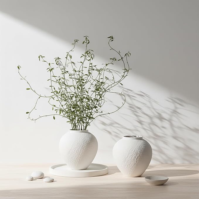 Vintage Stone Textured Ceramic Vase, Minimalist White Flower Vase, Rustic Decorative Centerpiece for Farmhouse, Living Room, Shelf, Dining Table Home Decor,Small-Sized (White Texture 6.3'' Tall)