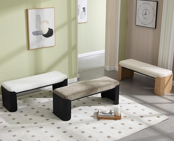 Shunzhi Modern Upholstered Entryway Bench for Bedroom 49” End of Bed Bench with Black Wood Leg Window Ottoman Bench for Living Room/Bedroom/Hallway/Indoor, White Sherpa
