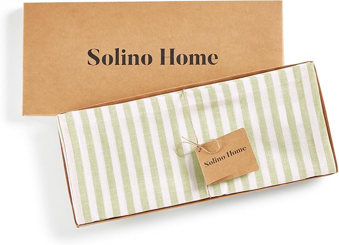 Solino Home Linen Table Runner 48 Inches - Amalfi Stripe 100% Pure Linen Sage and White Farmhouse Table Runner 14 x 48 Inch for Dresser and Coffee Tables - Summer