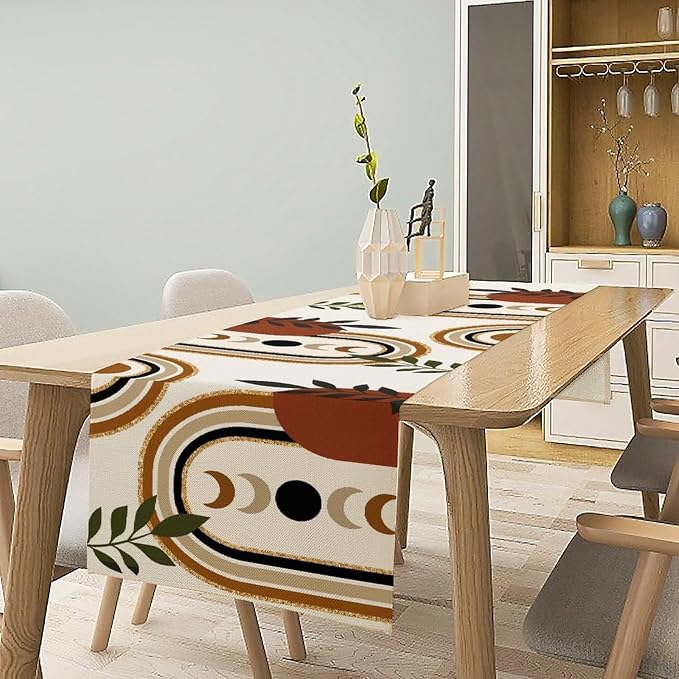 YCness Boho Mid Century Table Runner for Laundry Room Party Kitchen Dining Modern Sun Moon Phase Abstract Minimalist Aesthetic Leaves Arch Geometric Brown Black Orange, 13x60 Inch