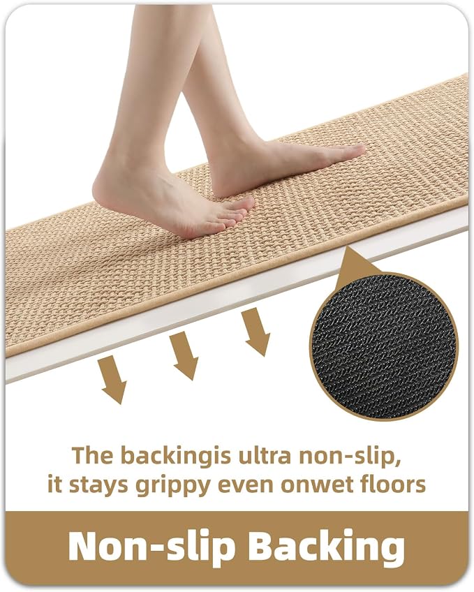 Color&Geometry Rubber Backed Waffle Bath Mat 72x24, Non Slip Water Washable Bathroom Rugs, Soft Absorbent Chenille Boho Carpet for Bathroom Floor, Tub and Shower, Beige