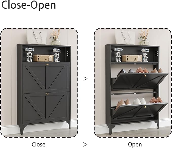 Shoe Storage Cabinet for Entryway with 2 Flip Drawers, Freestanding Shoe Organizer with Legs,Farmhouse Narrow Shoe Storage Cabinet for Entryway, Foyer,Living Room (2-Drawers, Black)