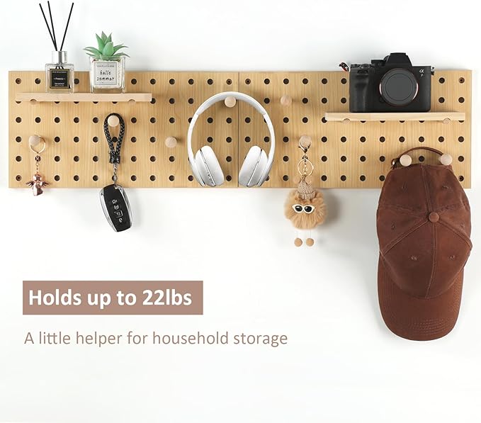 2 Pack Beige Wooden Pegboard, Modular Wall Organizer Storage Shelf with Hooks, Multi‑Use Display Peg Board for Home Office Bathroom Laundry Room