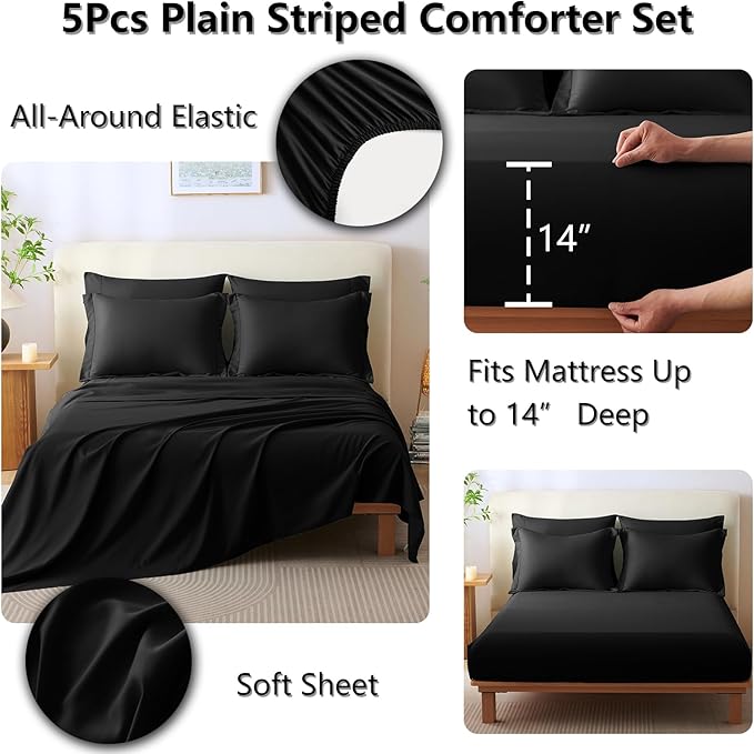 CozyLux Twin XL Size Comforter Sets - 5 Piece Bed in a Bag Black Comforter Set with Sheets Luxury Bed Set All Seasons, Soft Bedding Set with Down Alternative Comforter, Sheets, Pillowcase & Sham