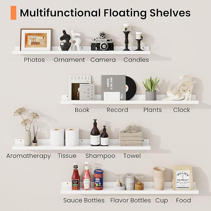 RICHFOCUS Picture Ledge Shelf, 30 inch Floating Shelves Set of 2, Wood Wall Shelves with Lip, Wall Decor Storage for Bedroom Living Room Bathroom Kitchen Nursery Photo Picture, White