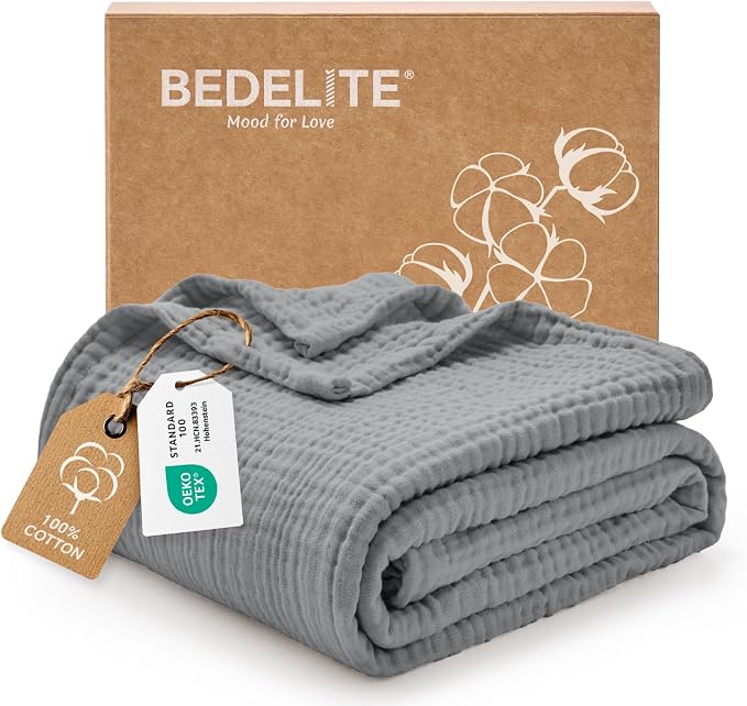 BEDELITE 100% Cotton Muslin Blankets for Adults - 4-Layer Twin Size Breathable and Lightweight Gauze Blanket for Couch, Bed, Travel and Summer, Soft & Cozy Gift for Women, Grey, 60"x80"