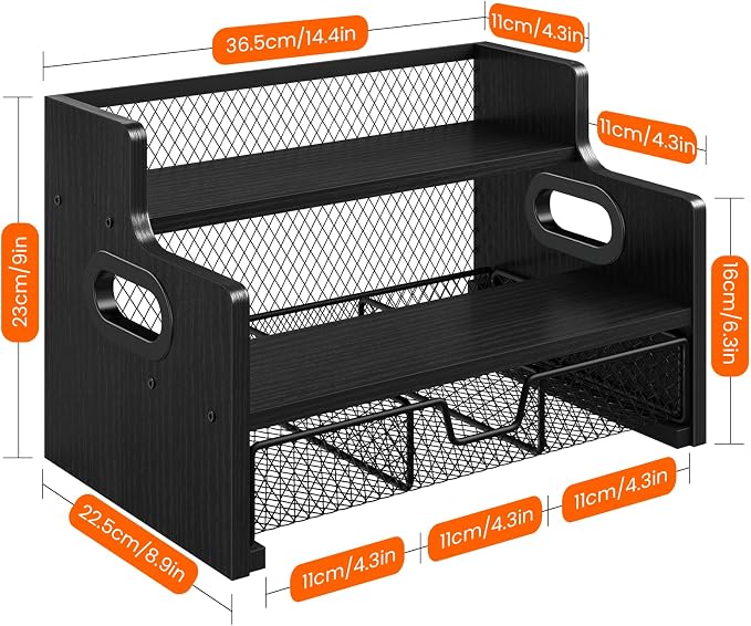 Homode Coffee Syrup Organizer Rack, 3-Tier Syrup Holder Stand with 35 K Cup Storage Drawer, 8 Bottles Capacity, Wood Shelf Liquor Wine Rack for Coffee Bar Countertop, Black