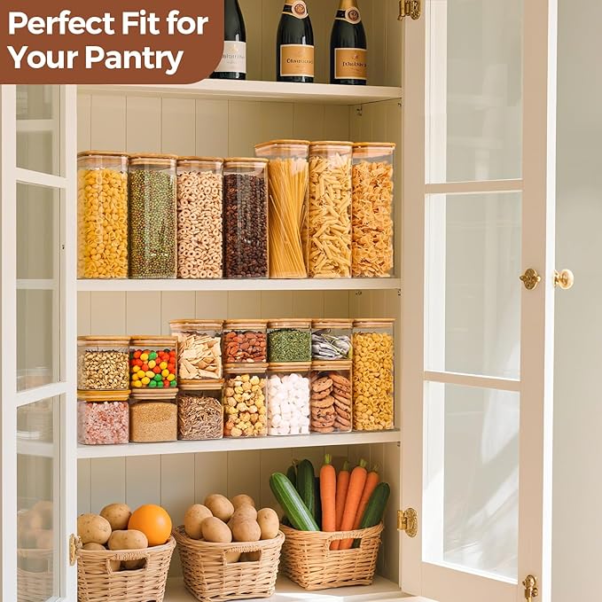 ComSaf Airtight Glass Storage Canister with Lids (0.7Qt/1.2Qt/1.6Qt) Set of 6, Food Storage Container Kitchen Pantry Storage Jar, Glass Jars for Flour Cereal Sugar Tea Coffee Beans Snacks, Square