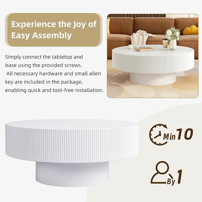 Merax Modern 35.4 Inch Round Large Coffee Table with Sturdy Base, Wood Center Table for Living Room Reception Room, Easy Assemble, White