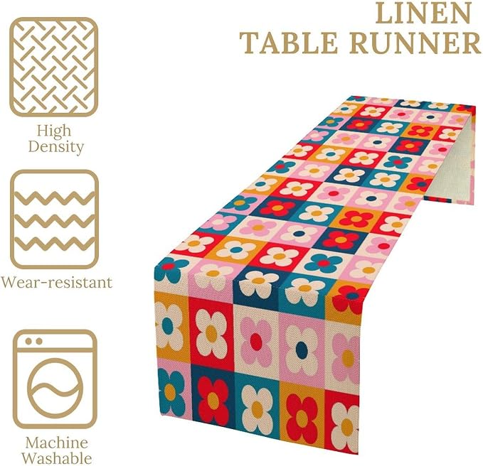 Retro Floral Checkered Table Runner Vintage Gardern Flowers Groovy Trendy Hippie Grid Farmhouse Country Dinner Runner for Home Kitchen Dining Table Party Holiday Decor 13"x60"