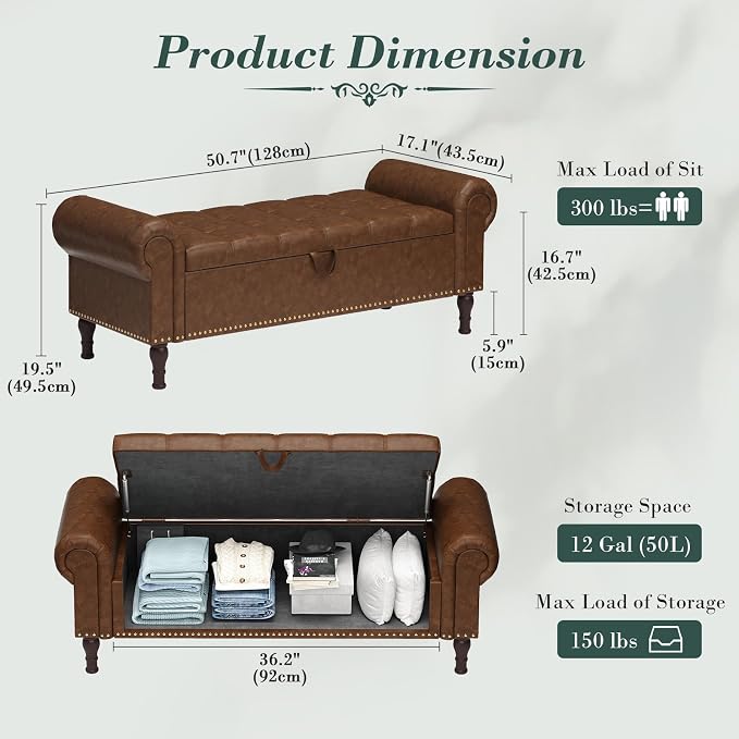 Apicizon 51” Bench with Storage, Upholstered Tufted Button Bedroom Bench with Storage, Faux Leather Ottoman Bench for Bedroom, Living Room, Entryway, Yellow Brown