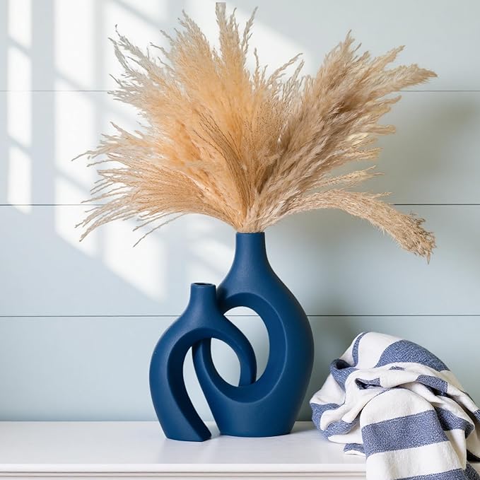 Lvases Snuggle Hollow Ceramic Vase Set of 2, 11Inch Nordic Modern Boho ins Style Decorative Ceramic Aesthetic Flower Vases for Home Decor Living Room Shelf Table Decorative (Matte Navy Blue)