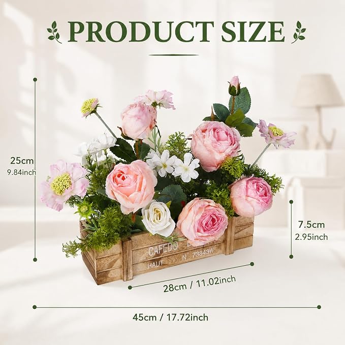 Centerpieces for Tables, Artificial Floral Centerpieces for Dining Table in Rustic Wooden Box, Pink Rose & Daisy Arrangement with White Roses Greenery for Farmhouse Kitchen Living Room Decor