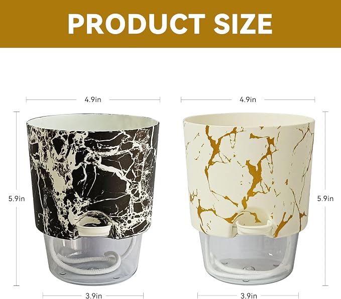 4.8 Inch Self Watering Pots for Indoor Plants 2 Pack, Plastic Modern Decorative Plant Pots with Transparent Water Reservoir, Outdoor Garden Flower Herb Succulent Pot, Marble Printed