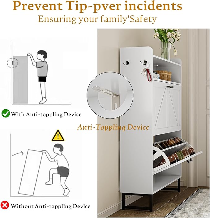 Wodeer Shoe Storage Cabinet with 2 Flip Drawers, Narrow Wood Shoe Cabinet Storage for Entryway with Metal Legs & Hooks, Adjustable Shelves, Freestanding Shoe Rack Organizer for Foyer, Hallway, White