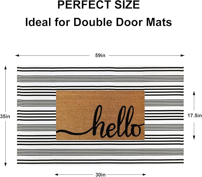 Outdoor Front Door Mat 3'x5', Black and White Cotton Hand Woven Striped Rug,Reversible Washable Front Porch Rug, Foldable Layered Doormat for Entryway/Home Entrance/Farmhouse