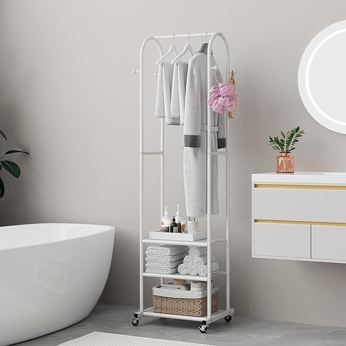Dttwacoyh Narrow Hall Tree for Small Spaces,Space-Saving Solution for Tall Free Standing Metal Garment Rack with Shelves，Hook and Wheels for Entryway, Mud Room, Laundry Room,Bedroom- White