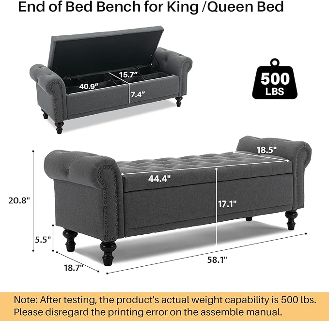 SOFTHION 58.1" Storage Bench Upholstered Linen End of Bedroom Bed Bench Ottoman with Tufted Cushioned Rolled Arm Large Storage Space for Reading Living Room Entryway, Grey