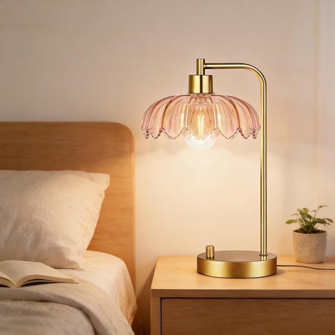 ILLMTW Glass Table Lamp Set of 2,Small Gold Bedside Lamps Dimmable Boho Bedroom Lamp with Tulip Flower Amber Lamp Shade,Vintage Mid Century Modern Mini Nightstand Lamp for Bedroom Living Room