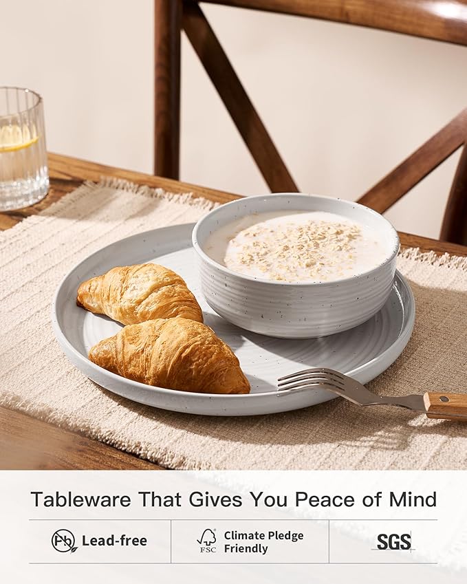 18-Piece Stoneware Dinnerware Set – Flared Plates and Bowls with Reactive Glaze, Speckles & Spirals, Chip & Scratch Resistant Dishes, Dishwasher Safe, Service for 6, Gift Box, White