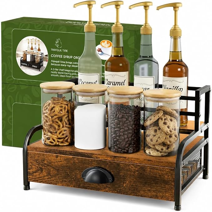 3-Tier Coffee Bar Stand Organizer for Countertop, Rustic Wood & Metal Bottle Display Shelf with Coffee Pod Drawer, Wine Rack, Liquor Display Shelf for Home Coffee Station