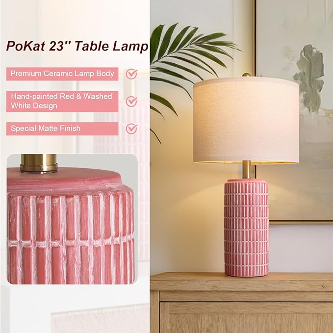 PoKat 23" Ceramic Table Lamps for Living Room, Farmhouse Bedside Lamps Set of 2 for Bedroom, Rustic Nightstand Lamps for Office Sideboard Entryway Hallway Decor Gifts (Matte Red)