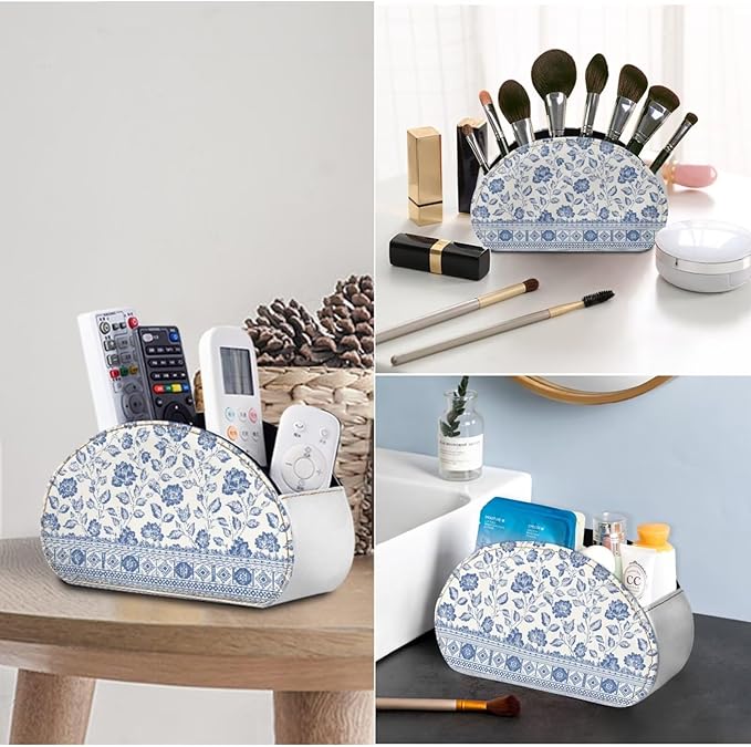 Blue and White Flower Office Desk Organizers with 5 Compartments, Remote Control Holder Desktop/TV Stand/Nightstand Remote Caddy,for Glasses/Cosmetic Brushs/Pens