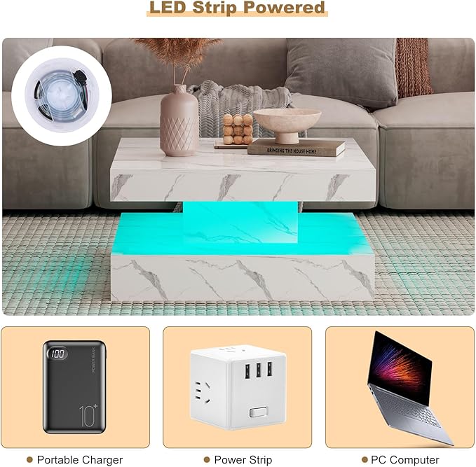 HedoAjim White Marble LED Coffee Table for Living Room, Living Room Table 2-Tier Square Middle Center Table, Modern Coffee Tables with Storage, Contemporary Wood Tea Tables for Dining Reception