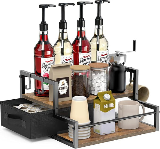 Coffee Syrup Organizer for Countertop, 2-Tier Coffee Bar Organizer with K Cup Storage Drawer, Syrup Rack Station for Accessories, Table Holder Stand for Wine,Tea,Condiment (Elegant Brown)