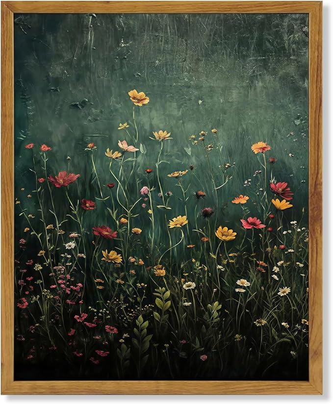 KBKBART Framed Canvas Wall Art Vintage Wildflower, Green Flower Wall Decor, Nature Landscape Flower Wildflower Oil Painting Prints Pictures Artwork for Living Room Bedroom 8x10 inch