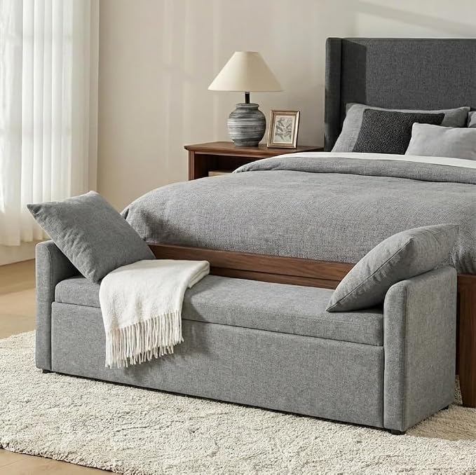 HULALA HOME 59" Storage Bench with 2 Throw Pillows, Modern Long Bedroom Bench for End of Bed, Comfy Upholstered Footstool for Entryway Living Room, Grey