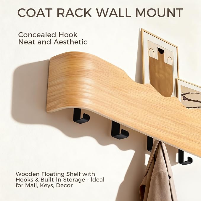 Coat Rack Wall Mount with Shelf Entryway Shelf Modern Key Holder Hanger Wall Shelves with Hidden Hooks for Hanging Towels Coats Hats Bags for Hallway Bathroom Bedroom(Wavy Oak, 4 Hooks)