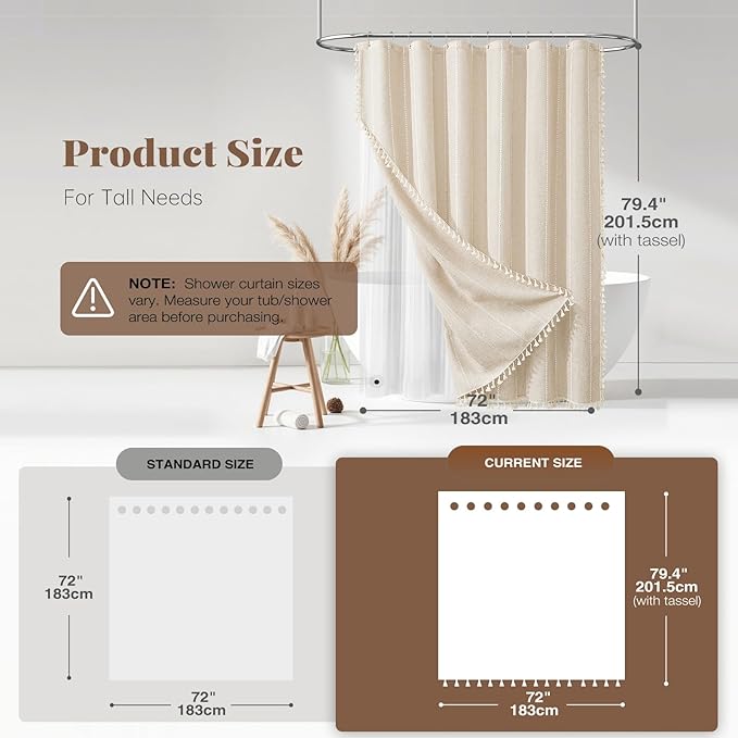 BTTN 3 in 1 Shower Curtain with Liner, 78 Inch Long Boho Linen Striped Cloth Shower Curtain Set with Hook, Farmhouse Bohemian Country Waterproof Fabric Shower Curtain for Bathroom, Cream/Beige, 72x78