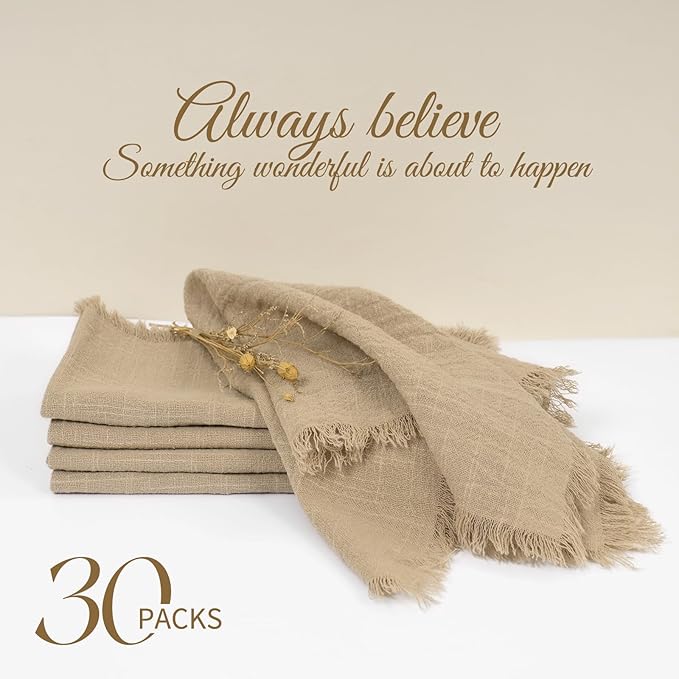 30 Packs Caramel Napkins 16x16 Inch, Cotton Linen Handmade Cloth Napkins Bulk with Fringe - Soft Rustic Boho Napkins for Wedding, Party, Christmas Event Dinner Birthday Table Decor