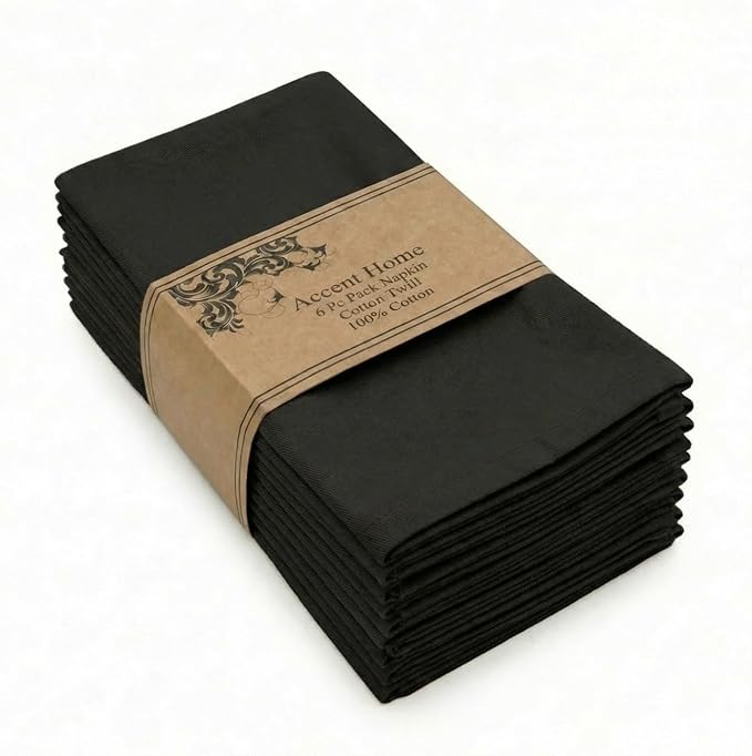 Accent Home 100% Cotton Napkins, Delicate Cloth Napkins for Dinners, Parties and Weddings，18 x 18 Inch Set of 6 - Black