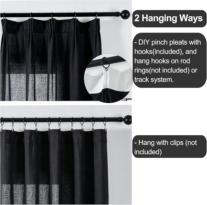 Black Semi Sheer Curtains 108 Inches Long, Linen Textured Light Filtering Curtains & Drapes for Bedroom, Dark Moody Modern Farmhouse Window, Pinch Pleat Floor to Ceiling Curtain with Hooks
