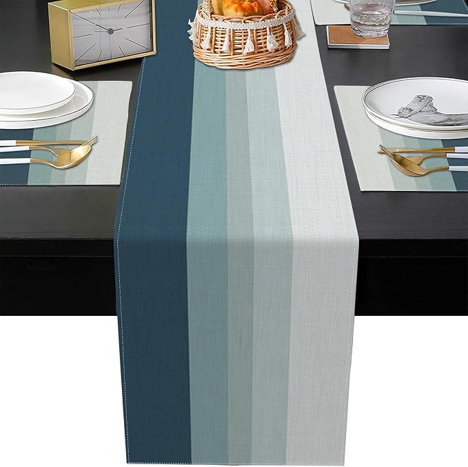 Emvency Navy Blue Grey Gradient Stripe Table Runner and Placemats Set of 6,Modern Geometric Painting Art Dining Decor for Daily Use(1 Table Runner 72 inches Long and 6 Placemats)
