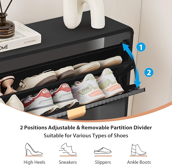 RARZOE Fluted Shoe Storage Cabinet with 2 Flip Drawers, Narrow Curved Shoe Cabinet for Entryway, Freestanding Wood Hidden Shoe Organizer Closed Shoe Rack Cabinet for Foyer, Hallway (27.5''Black)