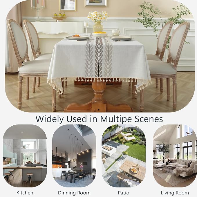 Alsoo Embroidered Tablecloth Rectangle 55 x 106 Inch, Farmhouse Otanical Floral Table Cloth Waterproof Washable Cotton Linen Fabric for Kitchen Dining Festival