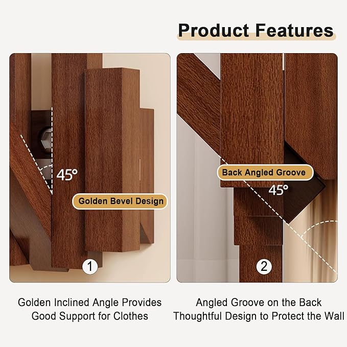Modern Wooden Coat Rack, key holder wall mount– Handmade Solid Walnut Flip Hook Rack with Hidden Mount, Decorative Entryway Wall Hooks for Coats, Bags & Hats, Space-Saving Design (Black,6Hooks)