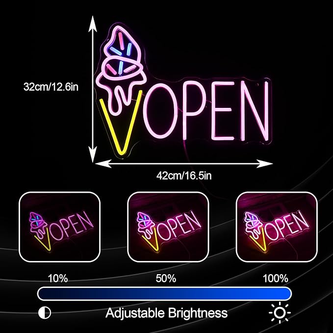 Ice Cream Open Neon Sign LED Light up Ice Cream Sign Dimmable Dessert Open Wall Decor Sign for Business Store Dessert Shop Bar Party Cafe USB Powered （16.5 * 12.6 In）
