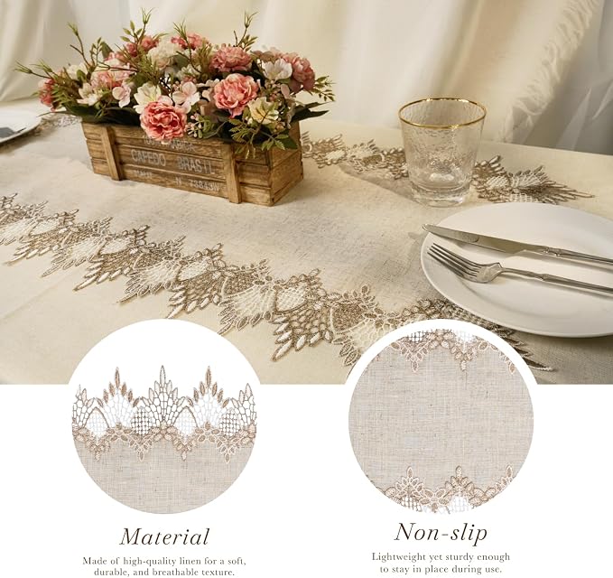 Phantomon Neutral Linen Table Runner 36 Inches Beige Embroidered Runner Lace Centerpiece for Dresser Tops, Dining Tables, Coffe Table and Home Decorations for Farmerhouse (Beige, 16 X 36 Inch)