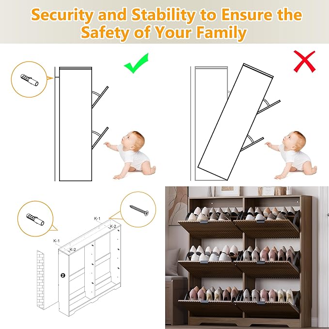 BORNOON Large Shoe Cabinet for Entryway, Tall Narrow Shoe Storage Cabinet with 6 Flip Drawers and Adjustable Shelves, Shoe Rack Cabinet Organizer for Hallway, Foyer, Small Apartment