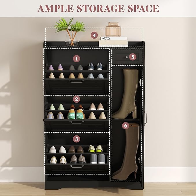 Slim Shoe Storage Cabinet for Entryway, Hidden Shoe Rack Cabinet with Doors, Drawers & Adjustable Shelf, Narrow Freestanding Ventilated Design, Thin Wooden Boot Storage Organizer, Black