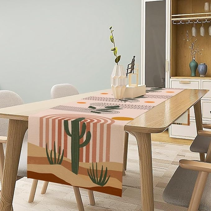 Mid Century Modern Table Runner, Boho Sun Tropical Desert Cactus Abstract Arch Print Table Runner for Kitchen Dining Home Party Birthday Decor, 13x90 Inch