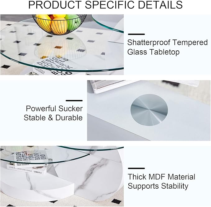 42" Glass Coffee Table, Round Coffee Table, Modern Double Layer Round Glass Coffee Table for Living Room, White